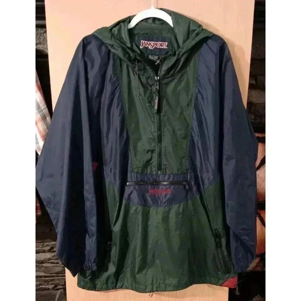 Jansport Vtg 90s Sz Large Nylon Color Block Stow-Away Pocket Windbreaker Hooded
